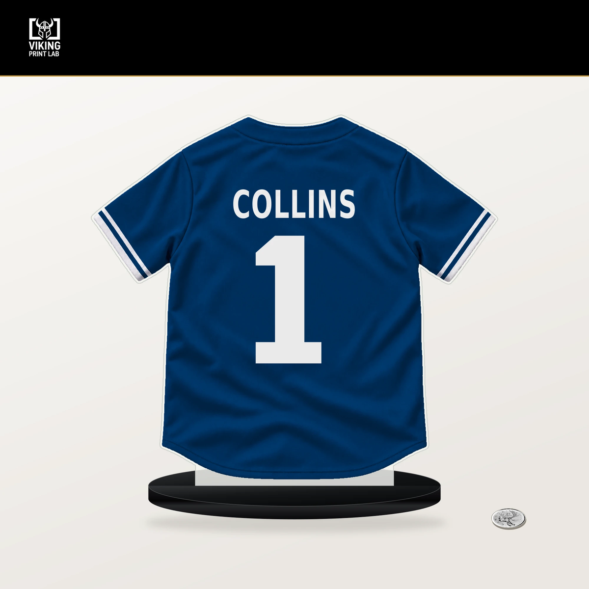 Isaac Collins number 1 Kansas City Royals jersey stand with included black base.