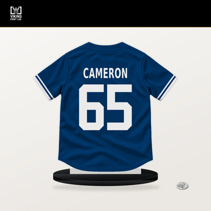 Noah Cameron number 65 Kansas City Royals jersey stand with included black base.