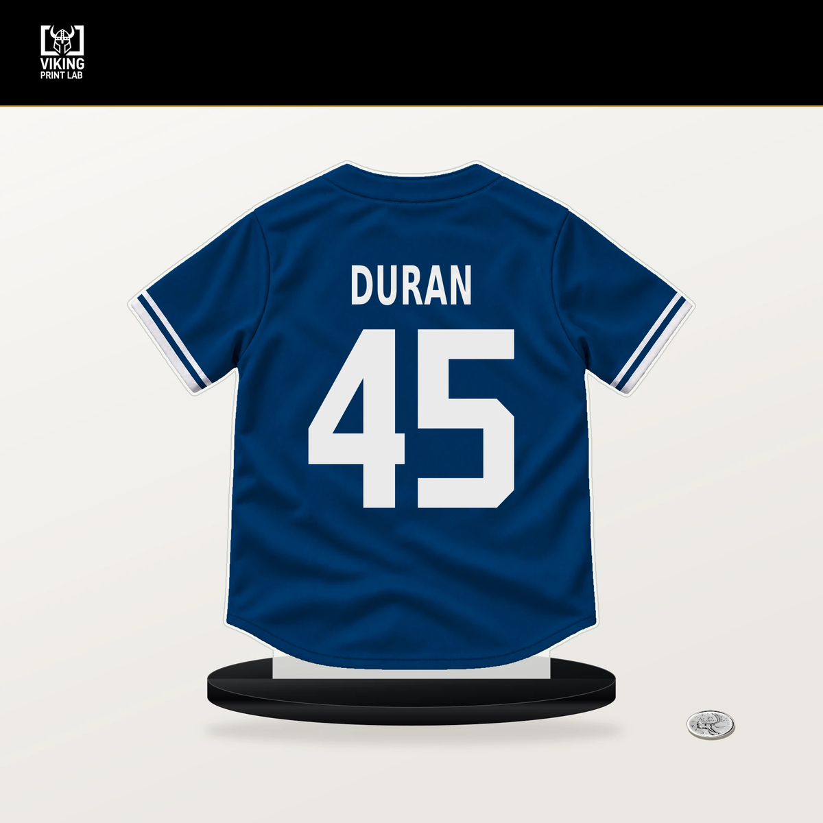 Carlos Duran number 45 Kansas City Royals jersey stand with included black base.