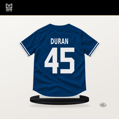 Carlos Duran number 45 Kansas City Royals jersey stand with included black base.