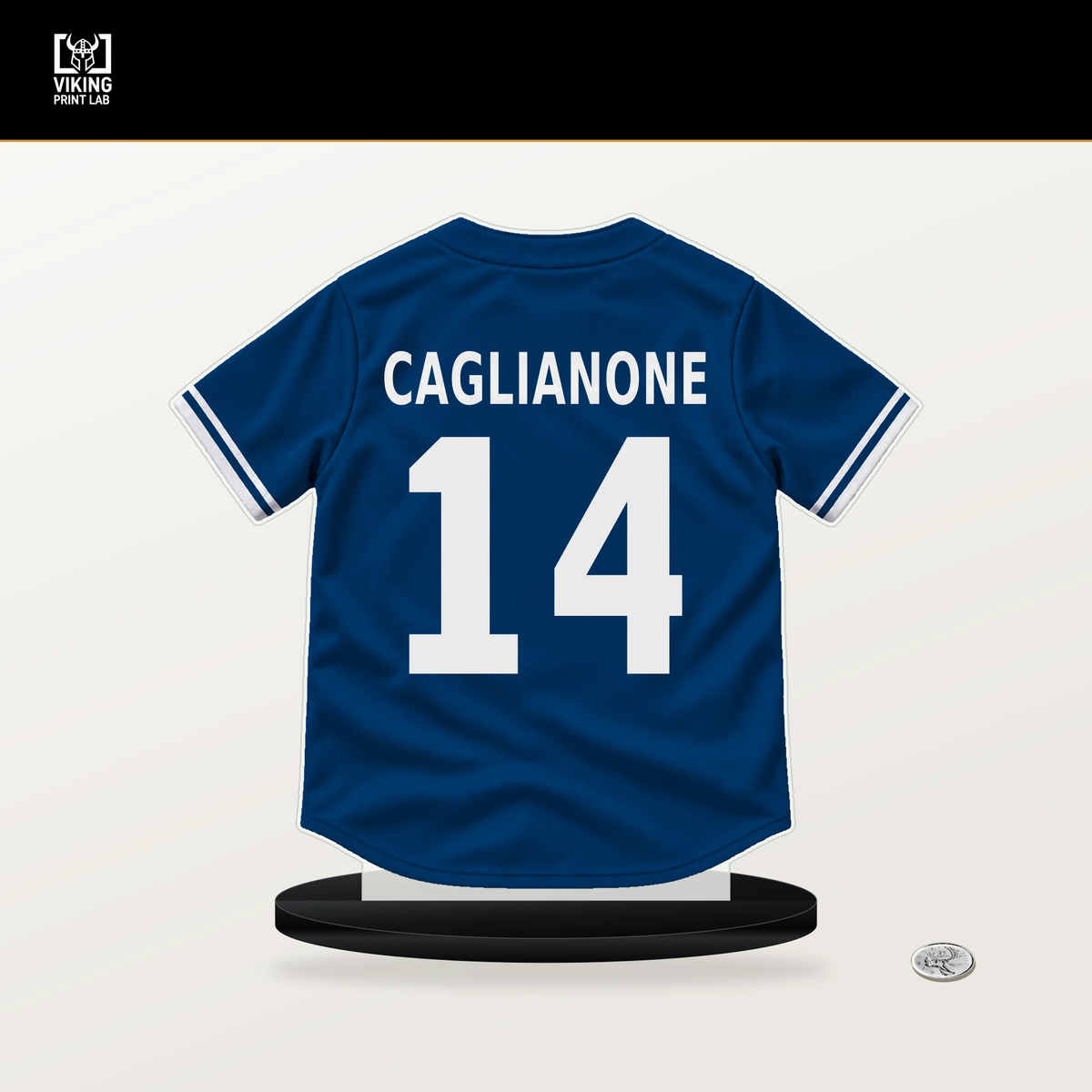 Jac Caglianone number 14 Kansas City Royals jersey stand with included black base.