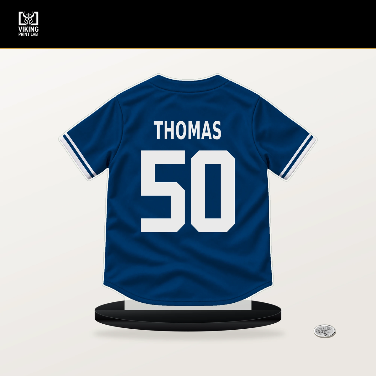 Connor Thomas number 50 Kansas City Royals jersey stand with included black base.