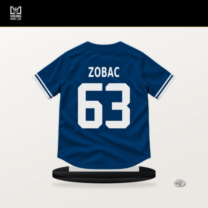 Steven Zobac number 63 Kansas City Royals jersey stand with included black base.