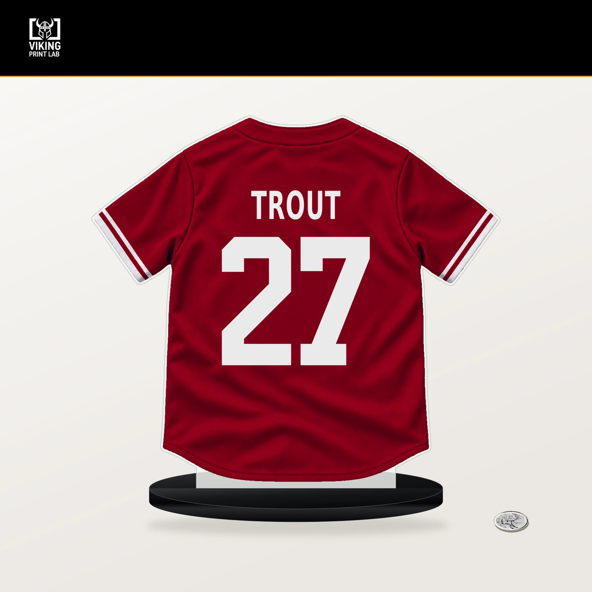 Mike Trout number 27 Los Angeles Angels jersey stand with included black base.