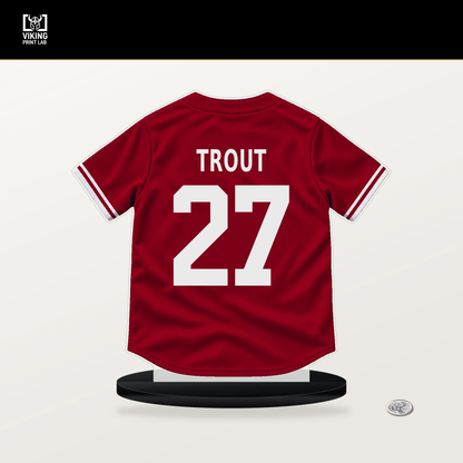 Mike Trout number 27 Los Angeles Angels jersey stand with included black base.