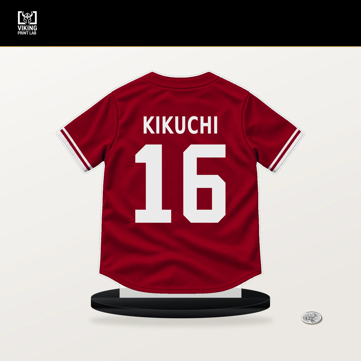 Yusei Kikuchi number 16 Los Angeles Angels jersey stand with included black base.
