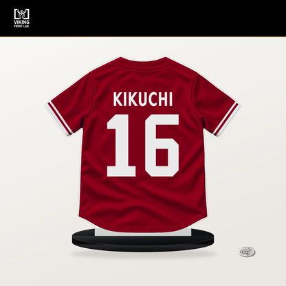 Yusei Kikuchi number 16 Los Angeles Angels jersey stand with included black base.