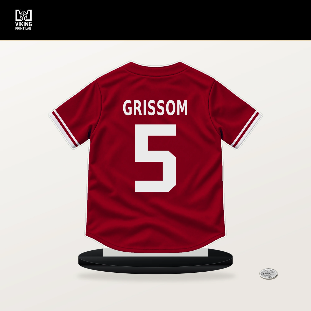 Vaughn Grissom number 5 Los Angeles Angels jersey stand with included black base.
