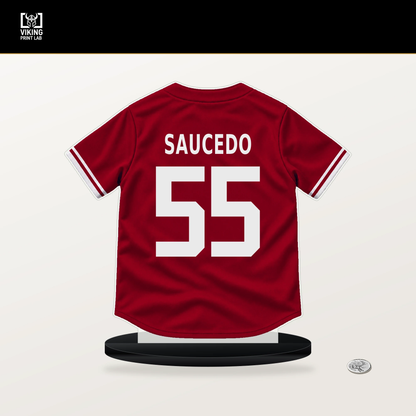 Tayler Saucedo number 55 Los Angeles Angels jersey stand with included black base.