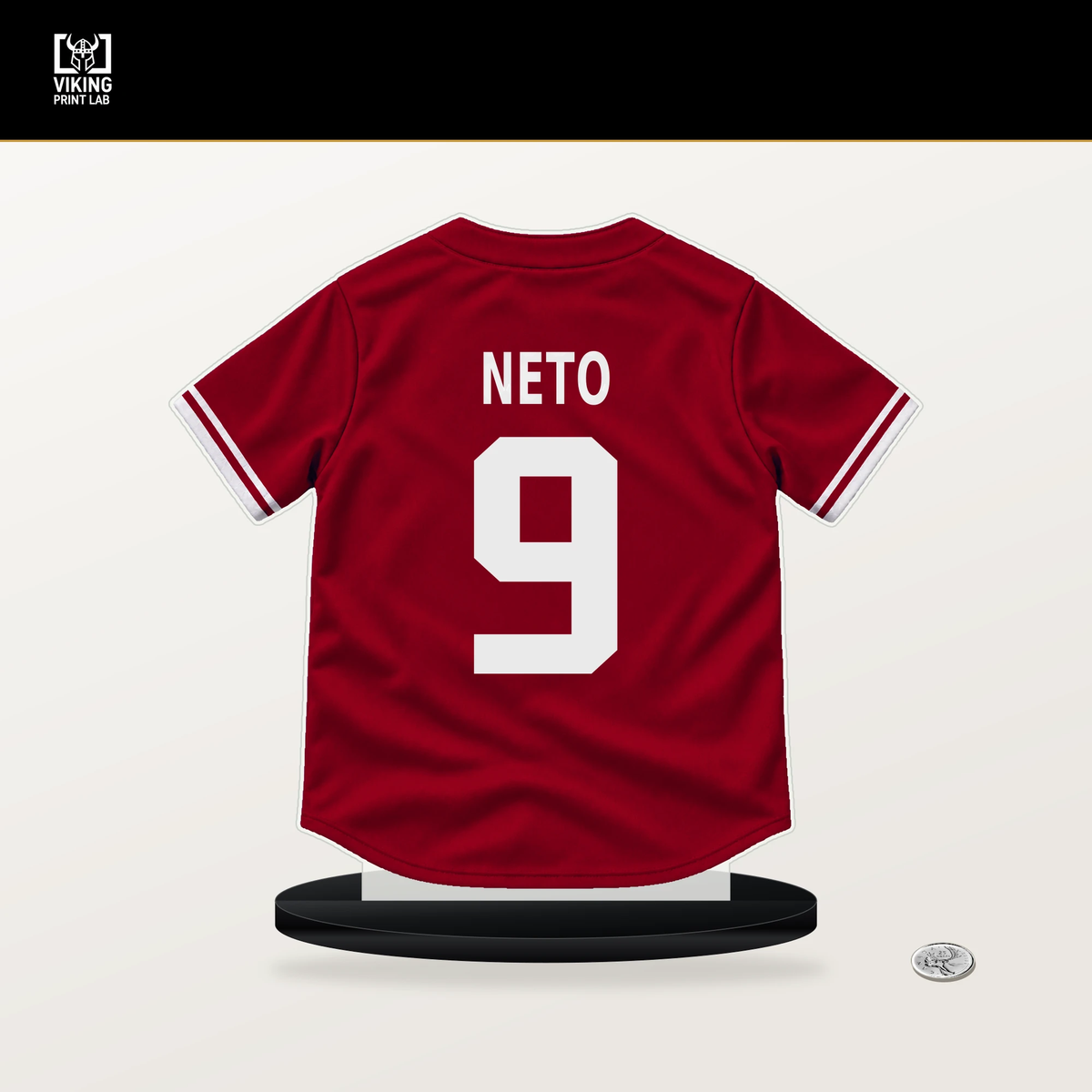 Zach Neto number 9 Los Angeles Angels jersey stand with included black base.