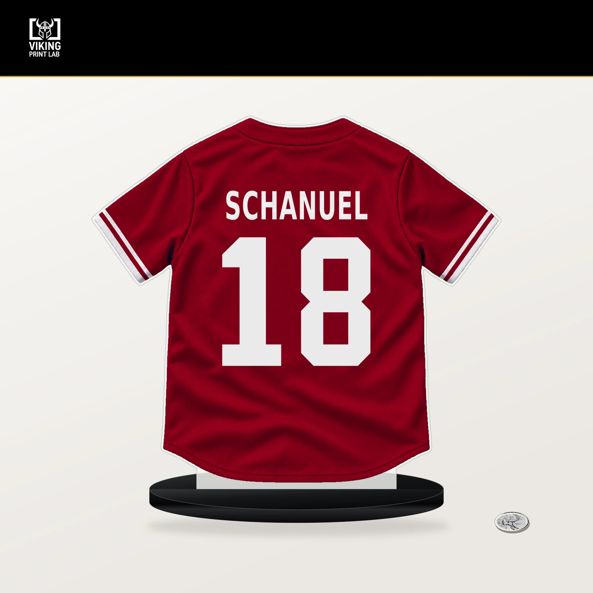 Nolan Schanuel number 18 Los Angeles Angels jersey stand with included black base.