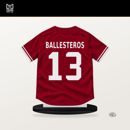 Moises Ballesteros number 13 Los Angeles Angels jersey stand with included black base.
