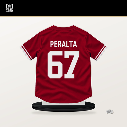 Sammy Peralta number 67 Los Angeles Angels jersey stand with included black base.