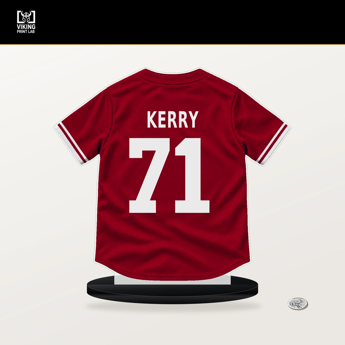 Brett Kerry number 71 Los Angeles Angels jersey stand with included black base.