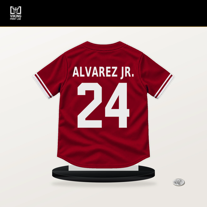 Nacho Alvarez Jr. number 24 Los Angeles Angels jersey stand with included black base.