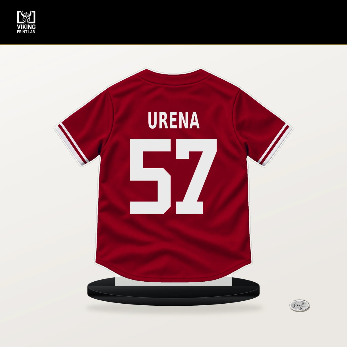 Walbert Urena number 57 Los Angeles Angels jersey stand with included black base.