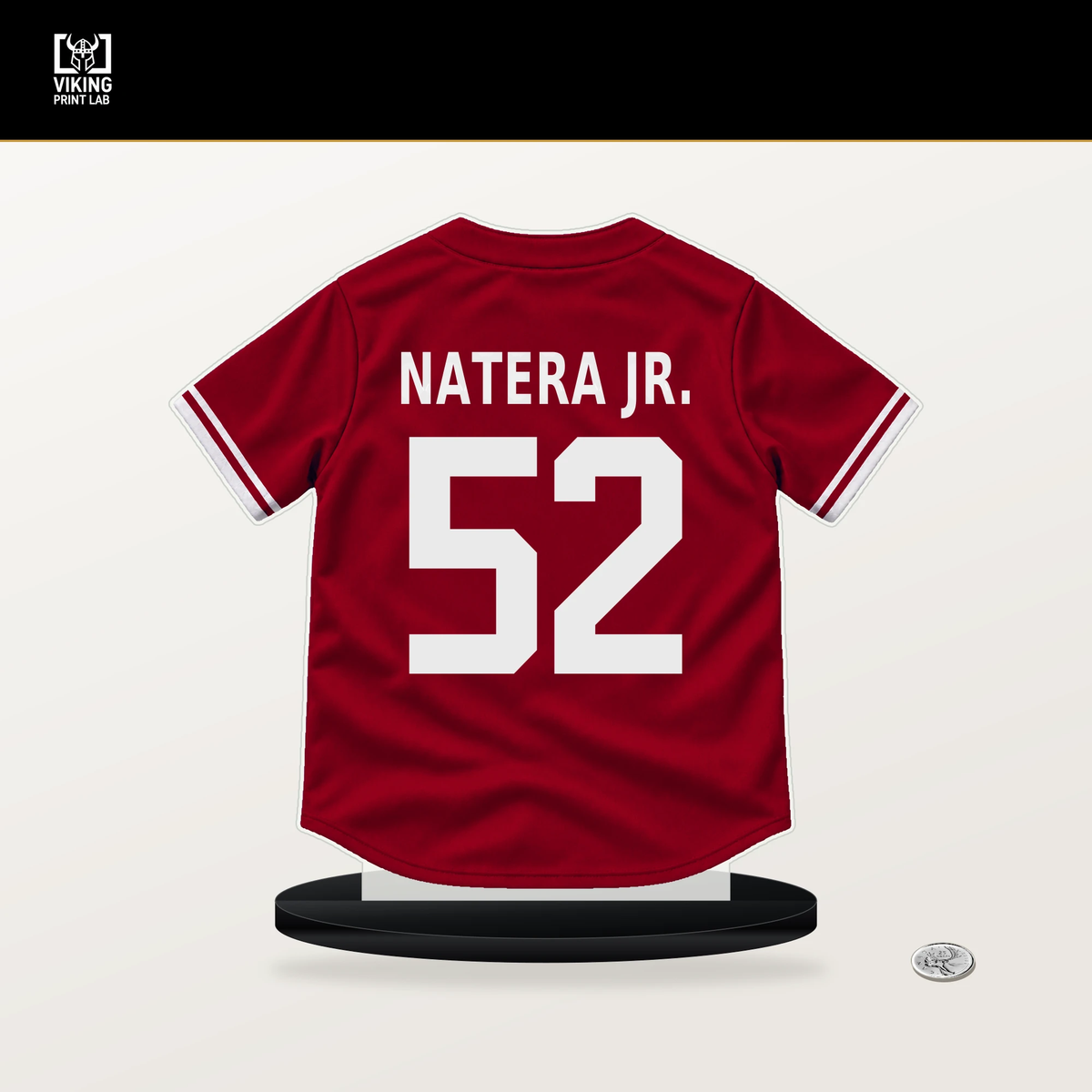 Samy Natera Jr. number 52 Los Angeles Angels jersey stand with included black base.