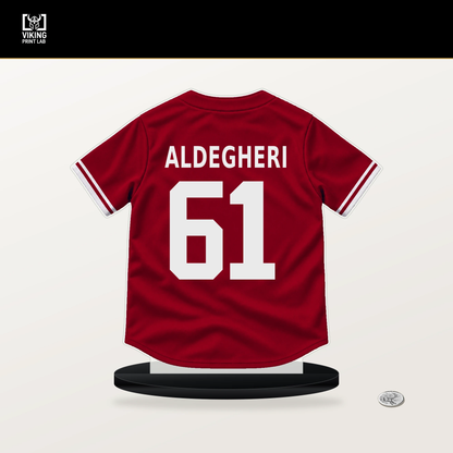 Sam Aldegheri number 61 Los Angeles Angels jersey stand with included black base.