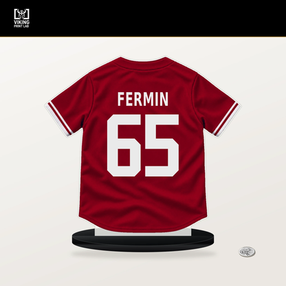 Jose Fermin number 65 Los Angeles Angels jersey stand with included black base.