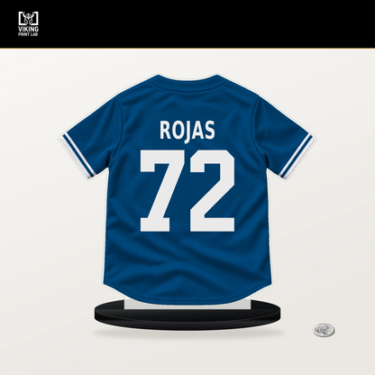 Miguel Rojas number 72 Los Angeles Dodgers jersey stand with included black base.