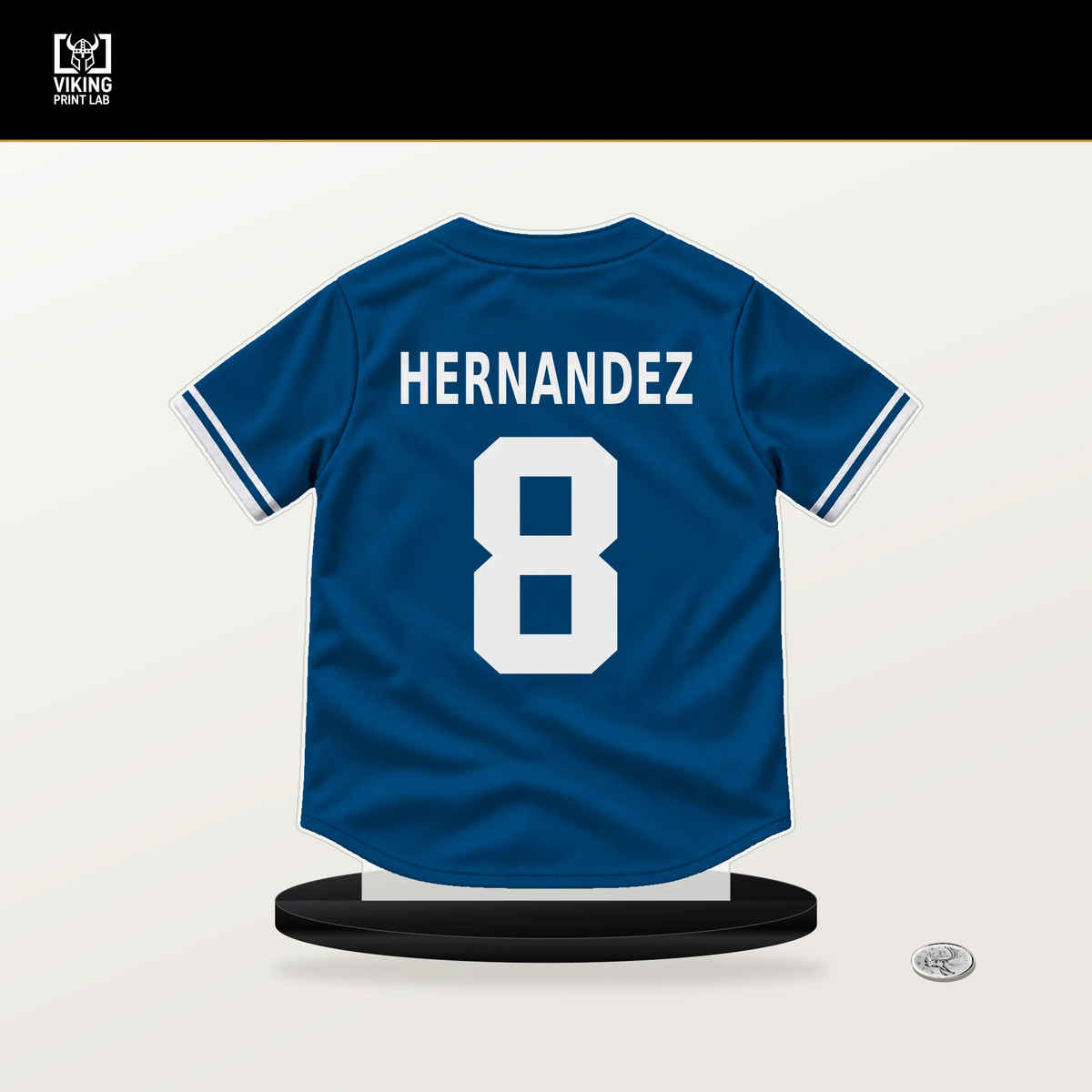 Enrique Hernandez number 8 Los Angeles Dodgers jersey stand with included black base.