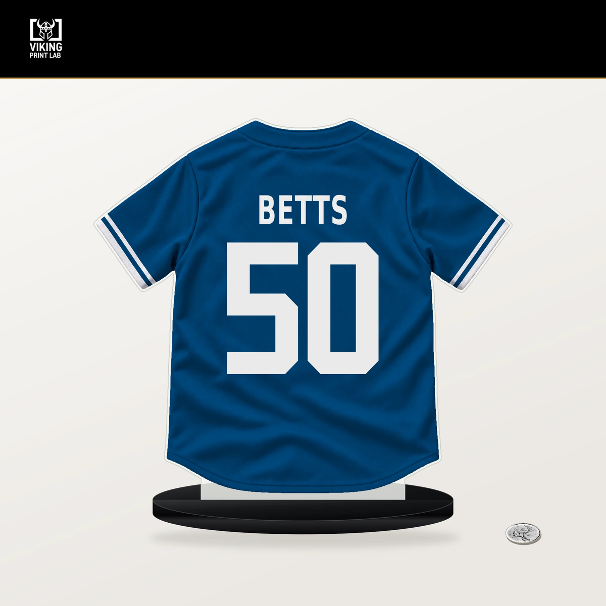 Mookie Betts number 50 Los Angeles Dodgers jersey stand with included black base.
