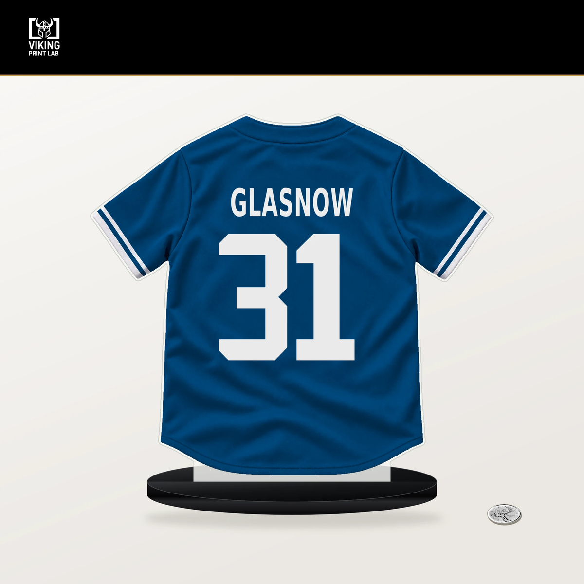 Tyler Glasnow number 31 Los Angeles Dodgers jersey stand with included black base.