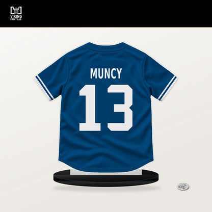 Max Muncy number 13 Los Angeles Dodgers jersey stand with included black base.