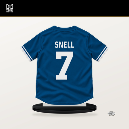 Blake Snell number 7 Los Angeles Dodgers jersey stand with included black base.