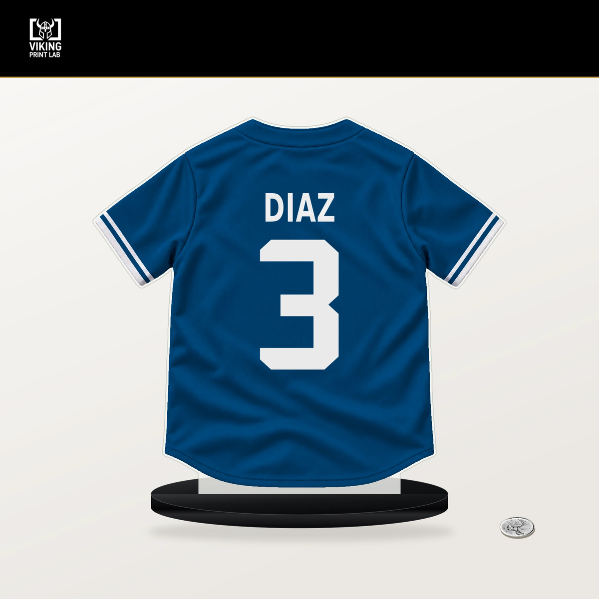 Edwin Diaz number 3 Los Angeles Dodgers jersey stand with included black base.