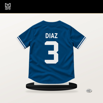 Edwin Diaz number 3 Los Angeles Dodgers jersey stand with included black base.