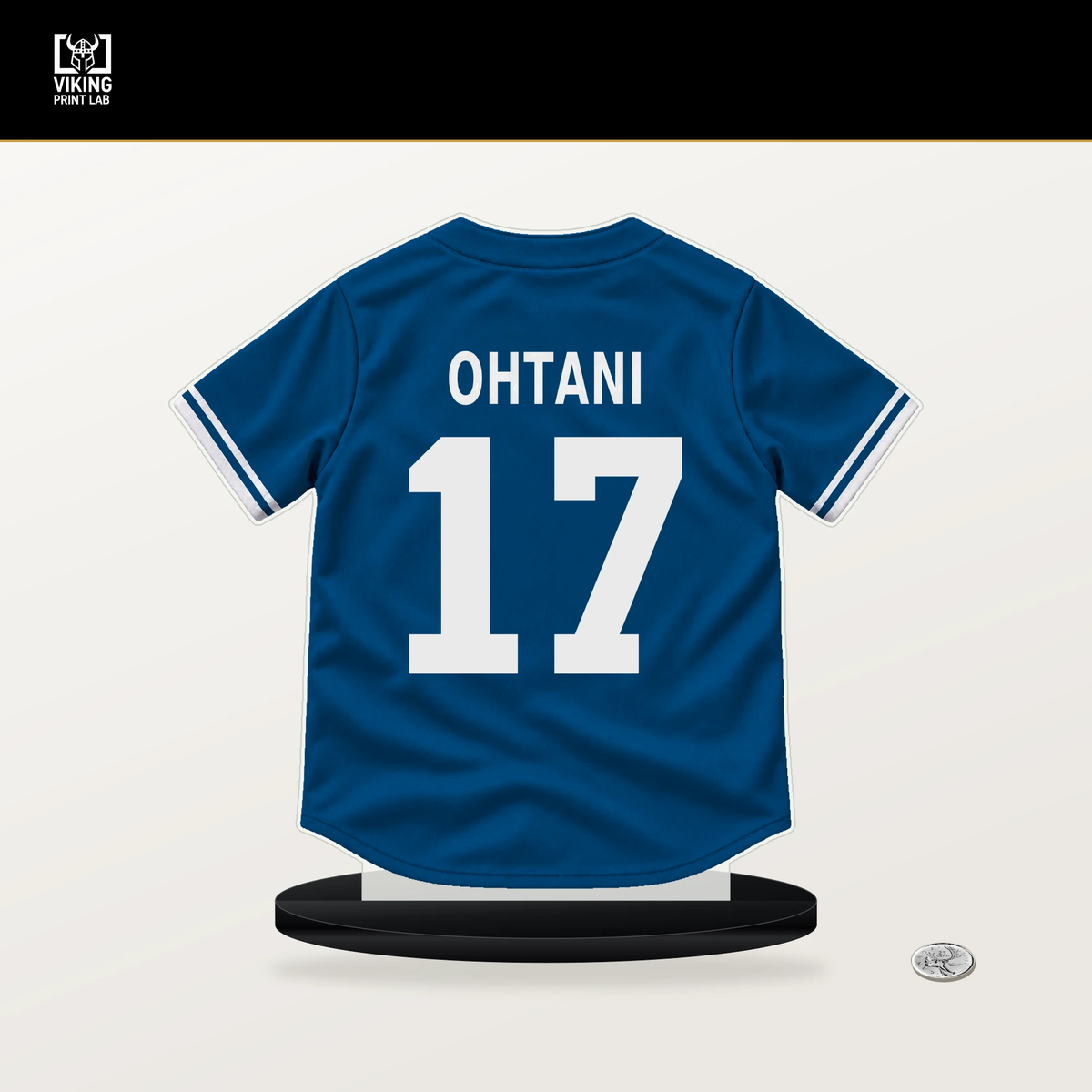Shohei Ohtani number 17 Los Angeles Dodgers jersey stand with included black base.