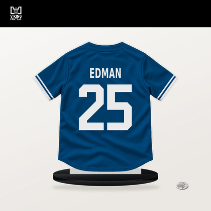 Tommy Edman number 25 Los Angeles Dodgers jersey stand with included black base.
