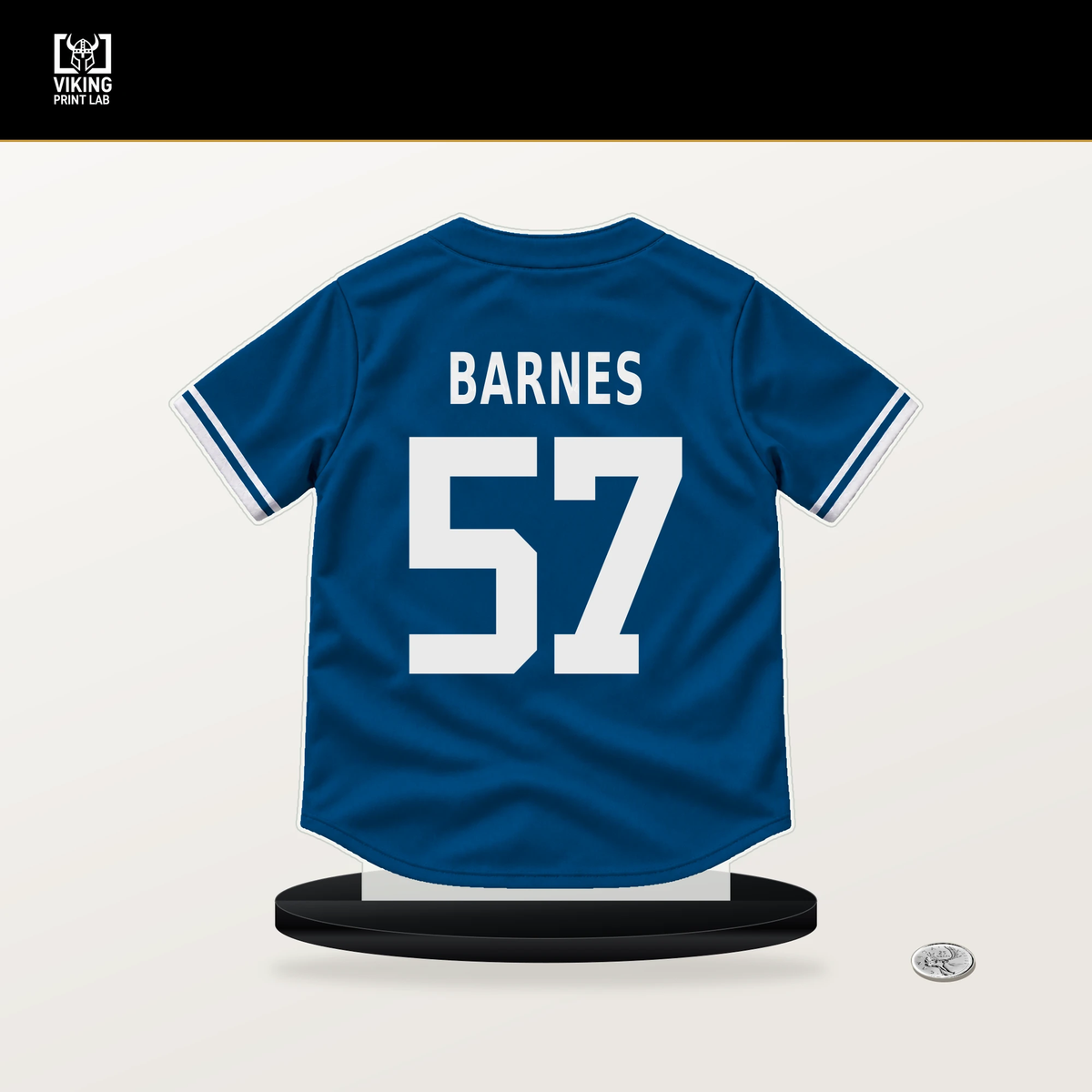 Charlie Barnes number 57 Los Angeles Dodgers jersey stand with included black base.