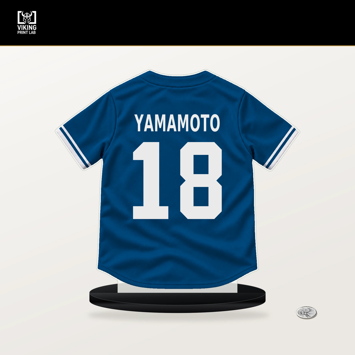 Yoshinobu Yamamoto number 18 Los Angeles Dodgers jersey stand with included black base.
