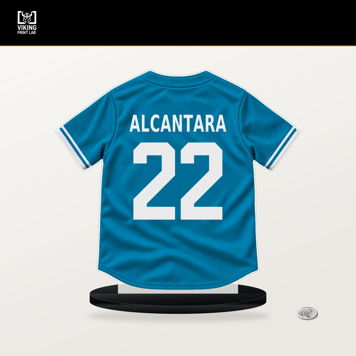 Sandy Alcantara number 22 Miami Marlins jersey stand with included black base.