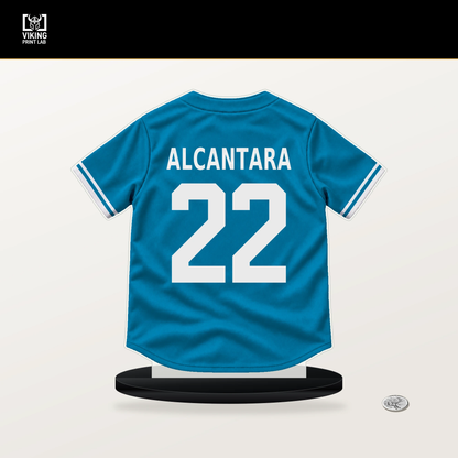 Sandy Alcantara number 22 Miami Marlins jersey stand with included black base.