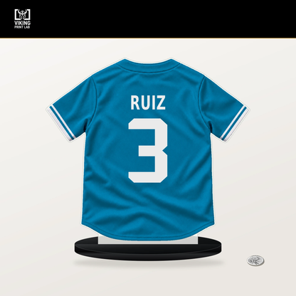 Esteury Ruiz number 3 Miami Marlins jersey stand with included black base.