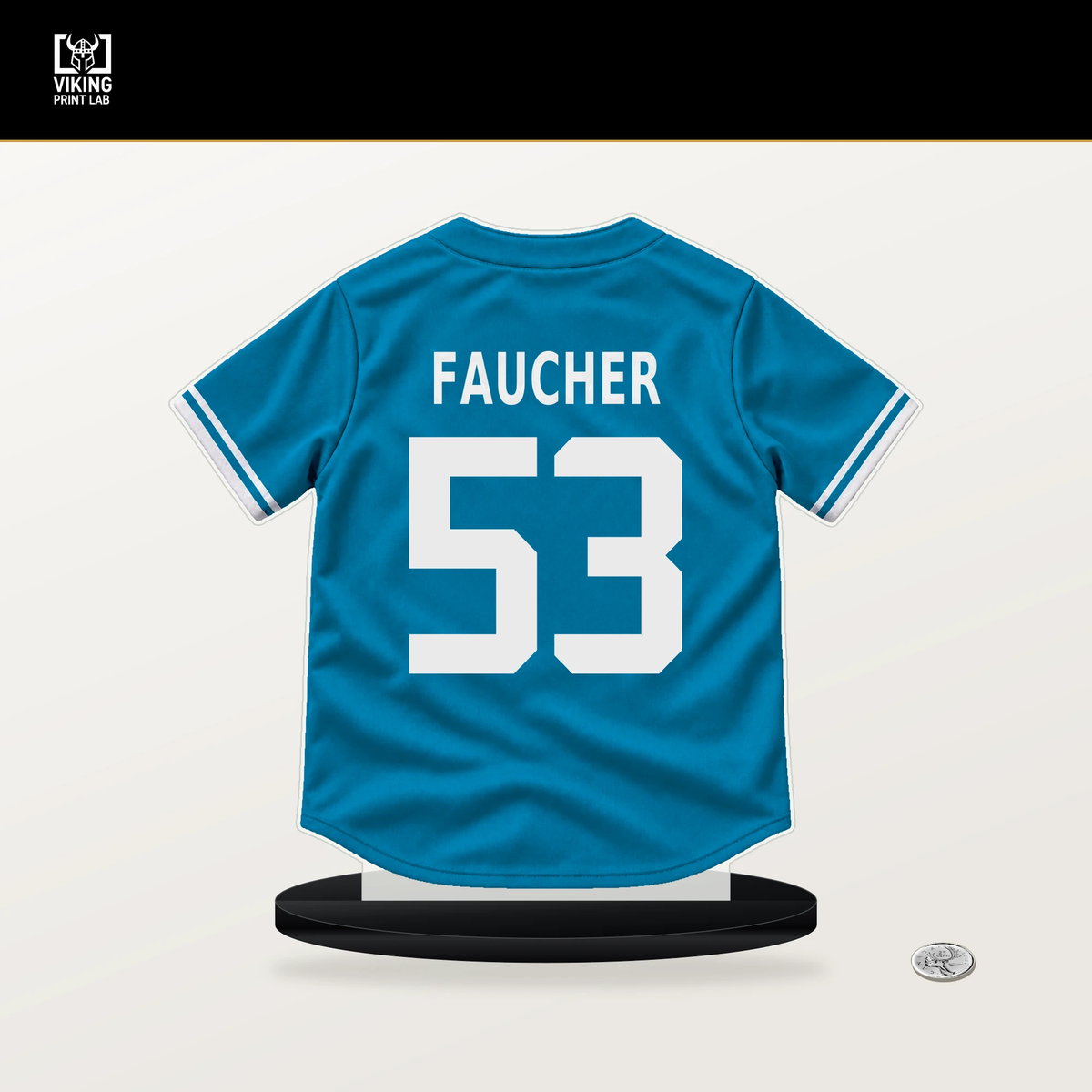 Calvin Faucher number 53 Miami Marlins jersey stand with included black base.