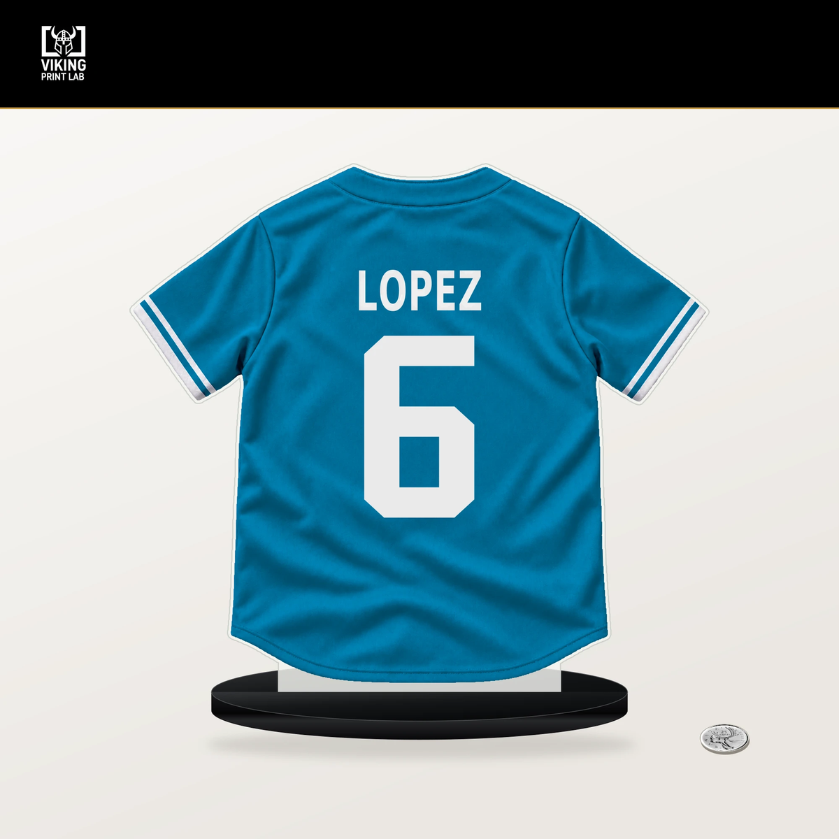 Otto Lopez number 6 Miami Marlins jersey stand with included black base.