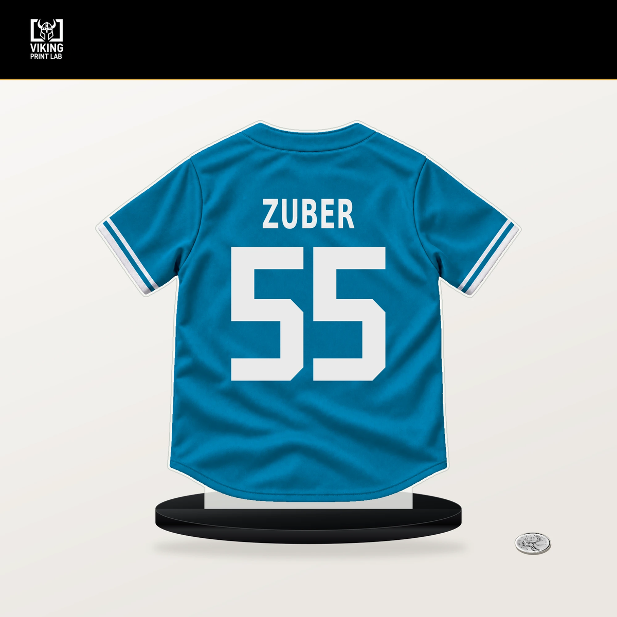 Tyler Zuber number 55 Miami Marlins jersey stand with included black base.