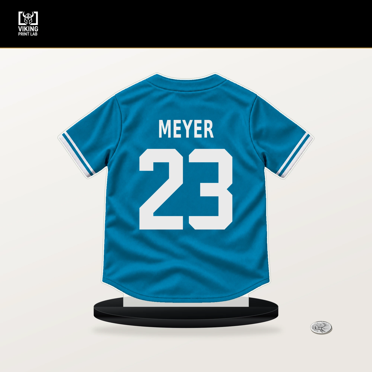 Max Meyer number 23 Miami Marlins jersey stand with included black base.