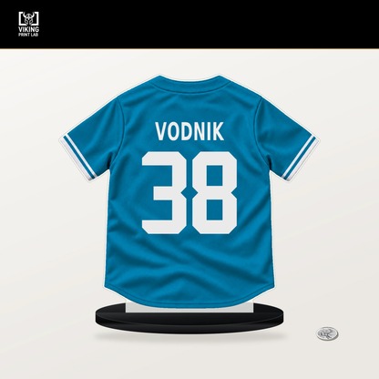 Victor Vodnik number 38 Miami Marlins jersey stand with included black base.