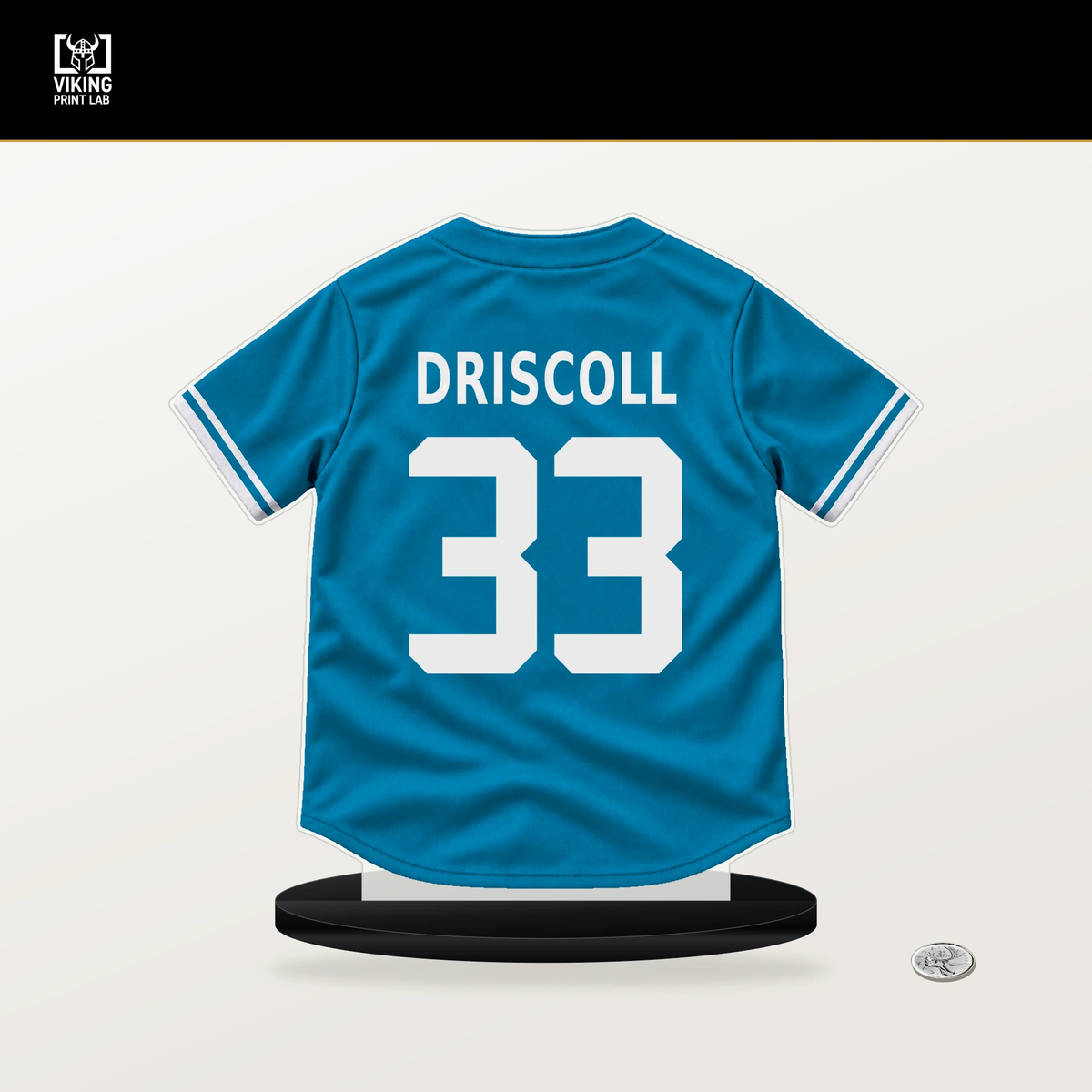 Logan Driscoll number 33 Miami Marlins jersey stand with included black base.