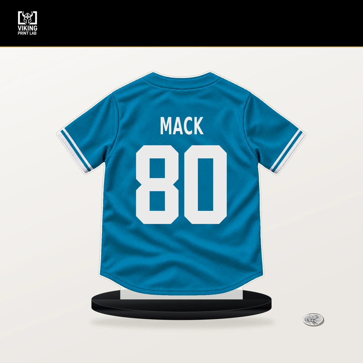Joe Mack number 80 Miami Marlins jersey stand with included black base.
