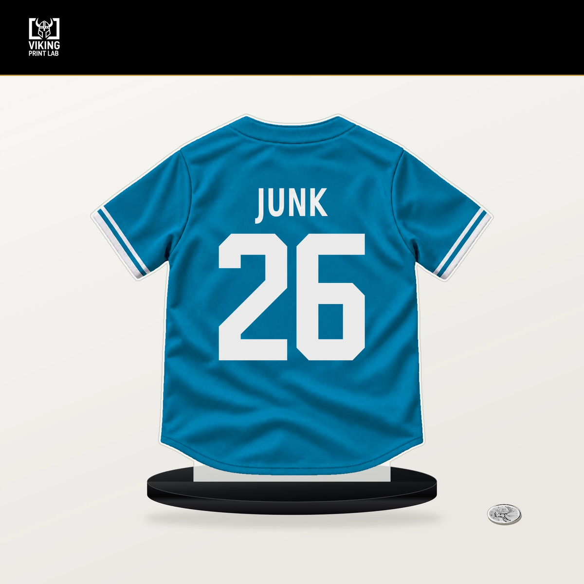 Janson Junk number 26 Miami Marlins jersey stand with included black base.