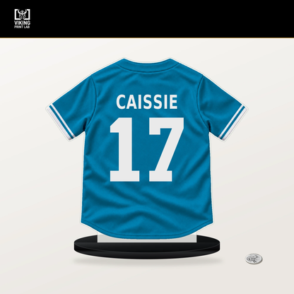 Owen Caissie number 17 Miami Marlins jersey stand with included black base.