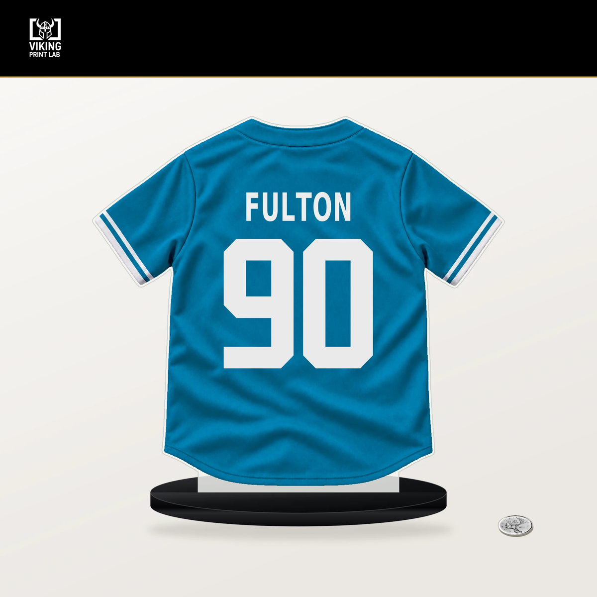 Dax Fulton number 90 Miami Marlins jersey stand with included black base.
