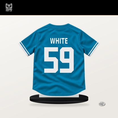 Joshua White number 59 Miami Marlins jersey stand with included black base.