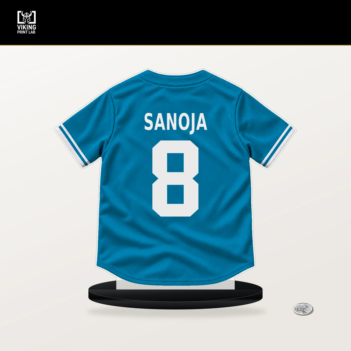 Javier Sanoja number 8 Miami Marlins jersey stand with included black base.
